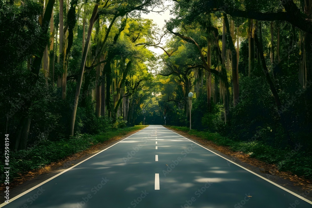 Fototapeta premium A landscape of empty street road covered by jungle trees