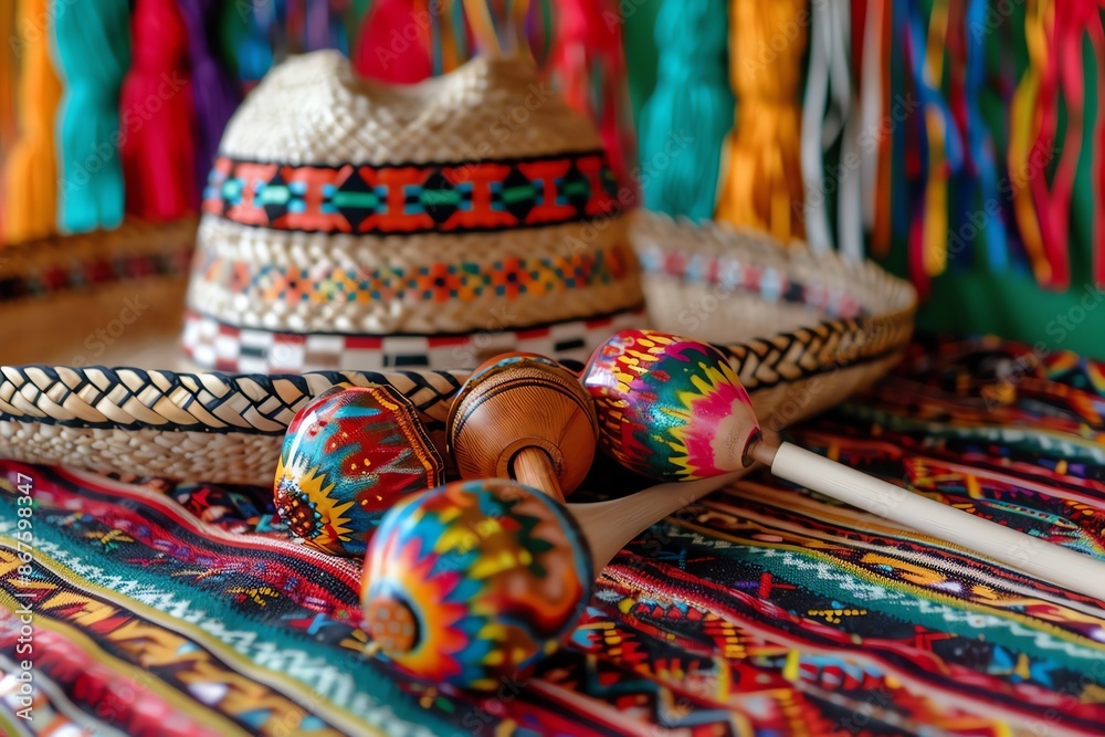 A colorful Mexican sombrero and maracas rest on a vibrant patterned fabric. A colorful Mexican sombrero and maracas rest on a vibrant patterned fabric.