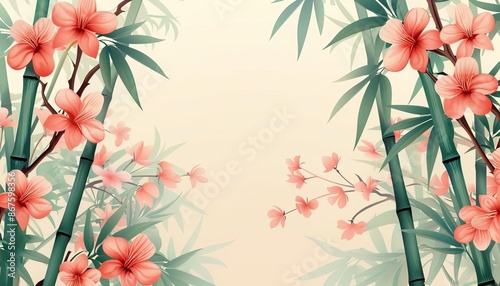 Elegant floral background with pink flowers and bamboo leaves, perfect for invitations, greeting cards, and projects that need an Asian-inspired touch.