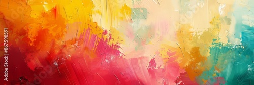 Vibrant painting with a dynamic blend of blue, yellow, and red hues in an abstract and artistic background © AminaDesign