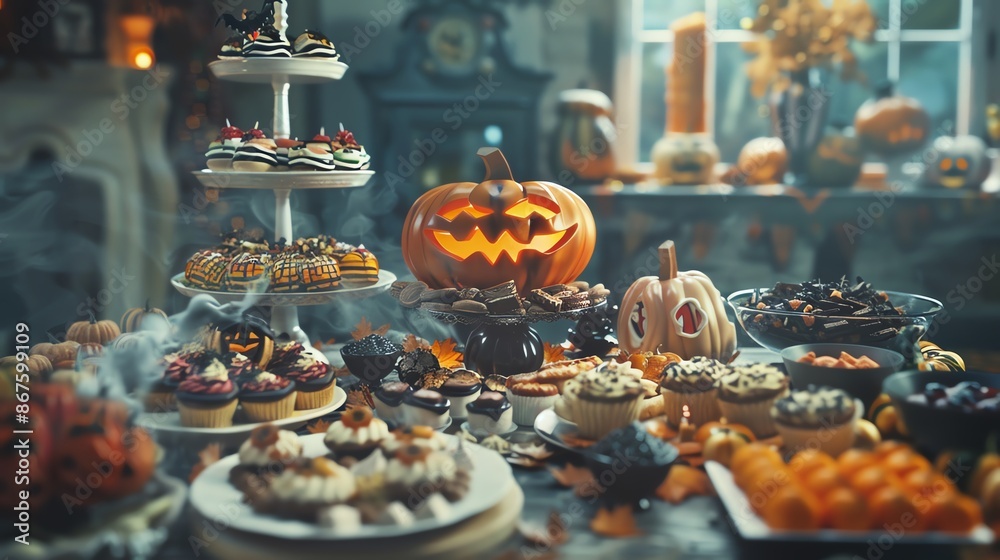 Obraz premium A spooky Halloween spread with carved pumpkins, treats, and decorations. A festive table setting for a Halloween party.