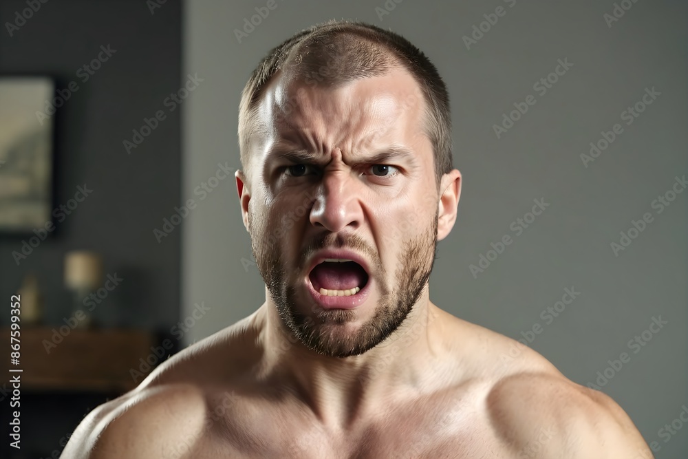 Portrait of an angry muscular man with a furious expression, shouting in pain and frustration on a gray background Portrait of an angry muscular man with a furious expression, shouting in pain and frustration on a gray background
