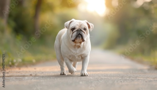 A large white dog is walking down a road