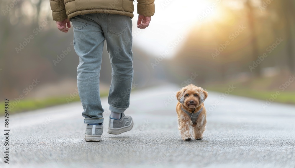Obraz premium A young boy walks down the street with his dog
