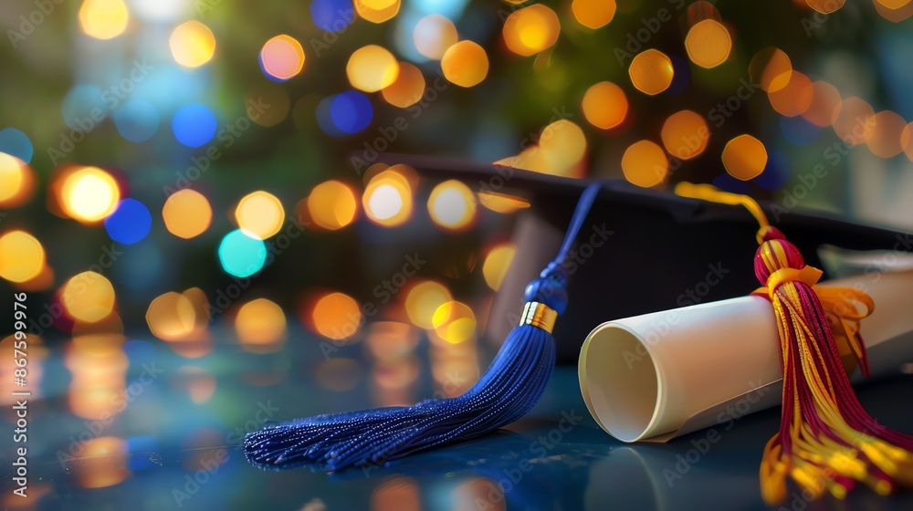 Graduation cap, diploma, and tassel on a table with a bokeh background ...
