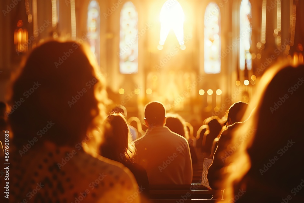 Obraz premium Silhouettes of people gathered in a church, bathed in the warm glow of sunlight streaming through stained glass windows.
