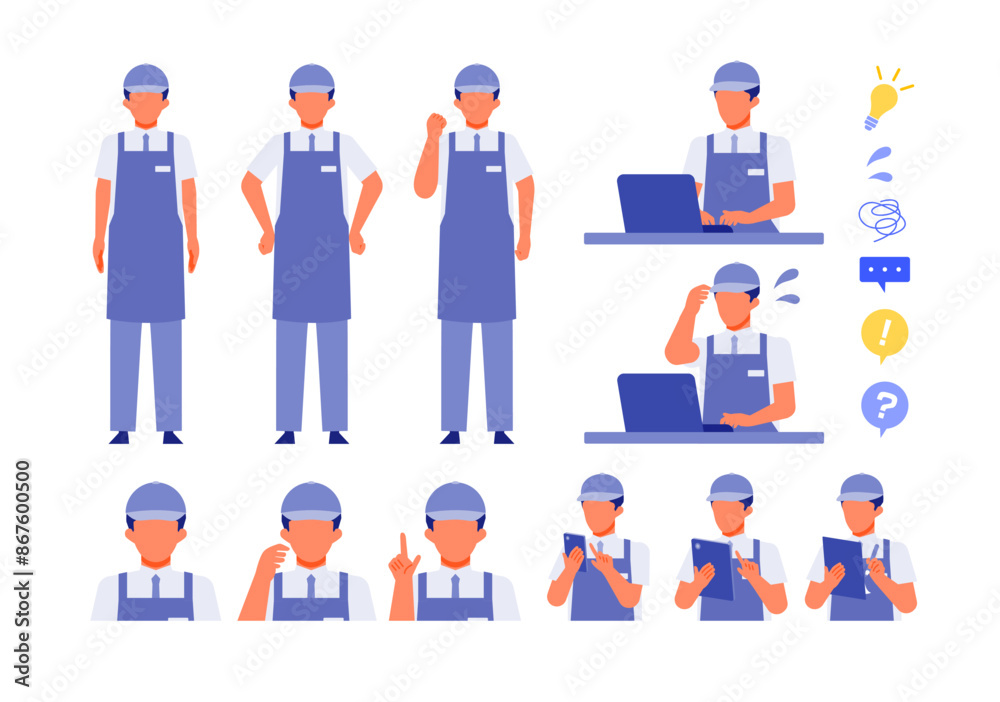 Working man. Concept for Problem Solving. Man cartoon character head collection set. People face profiles avatars and icons. Close up image of Problem Solving man. Working man. Concept for Problem Solving. Man cartoon character head collection set. People face profiles avatars and icons. Close up image of Problem Solving man.