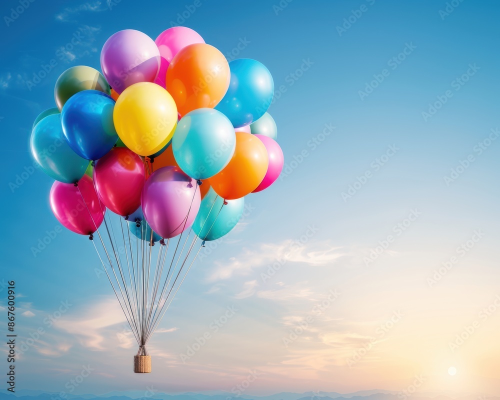 A colorful bunch of balloons floating freely in the sky during a beautiful sunrise, symbolizing freedom and celebration. A colorful bunch of balloons floating freely in the sky during a beautiful sunrise, symbolizing freedom and celebration.