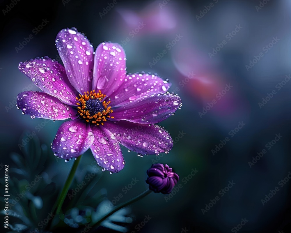 Beautiful close-up of a purple flower with water droplets against a blurred background, showcasing detailed petal texture and vibrant colors. Beautiful close-up of a purple flower with water droplets against a blurred background, showcasing detailed petal texture and vibrant colors.