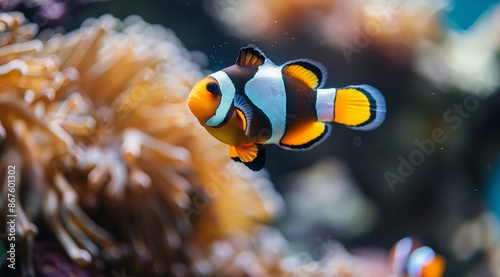 A Single Clownfish Swimming Near Orange Coral in an Aquarium