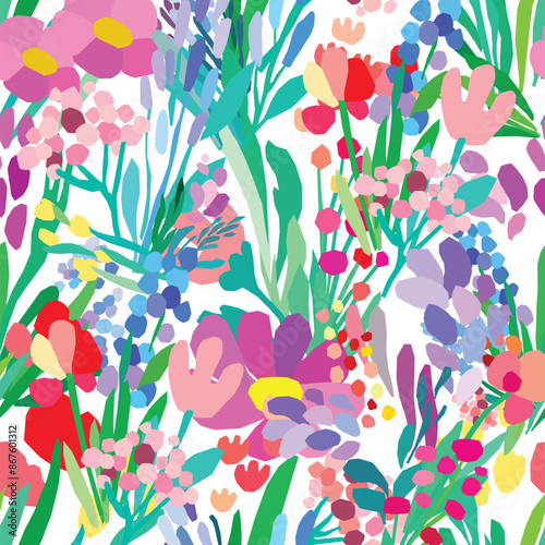 Seamless pattern of colorful flowers and leaves on a white background. Floral textile print design. Vector wildflowers