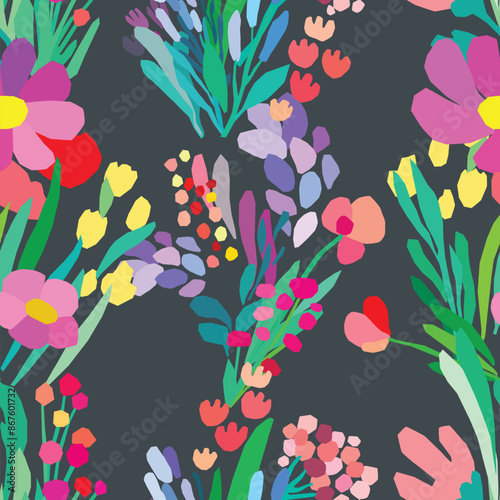 Seamless pattern of colorful flowers and leaves on a dark background. Floral textile print design. Vector wildflowers