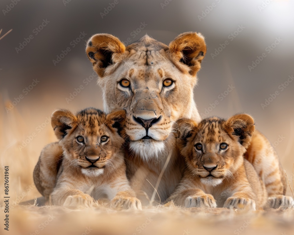Lioness with her two cubs lying in dry grass, demonstrating protective behavior and strong family bond in natural habitat. Lioness with her two cubs lying in dry grass, demonstrating protective behavior and strong family bond in natural habitat.