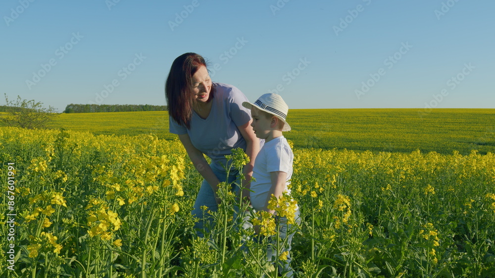 Mom Walking With Baby In Rapeseed Field. Girl With A Child Walking Along A Blooming Rapeseed. Together In Nature. Mother Day Concept. Mom Walking With Baby In Rapeseed Field. Girl With A Child Walking Along A Blooming Rapeseed. Together In Nature. Mother Day Concept.