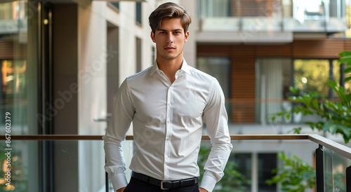 Young Man Wearing White Shirt on Modern Balcony