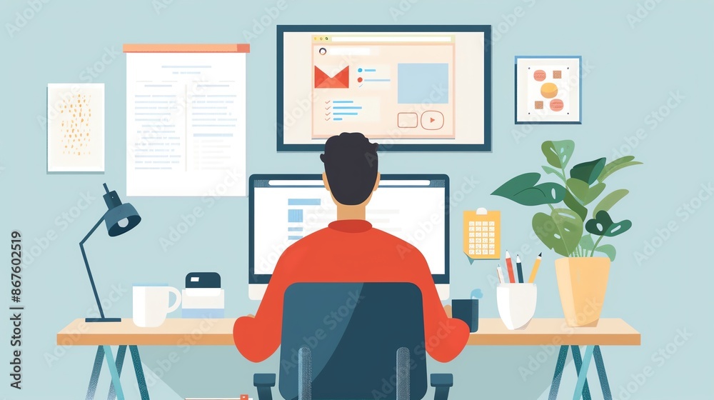 A man sits at his desk, working on a computer. His workspace is organized and filled with plants and a lamp. A man sits at his desk, working on a computer. His workspace is organized and filled with plants and a lamp.