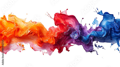 The image shows a multicolored smoke. The colors are red, orange, yellow, green, blue, and purple. The smoke is flowing in a wave-like pattern. The background is black. isolate on white background