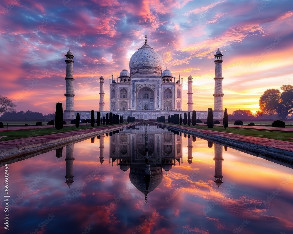 Obraz premium Stunning view of the Taj Mahal at sunrise, reflecting in the water with colorful sky, clouds, and historical architecture.