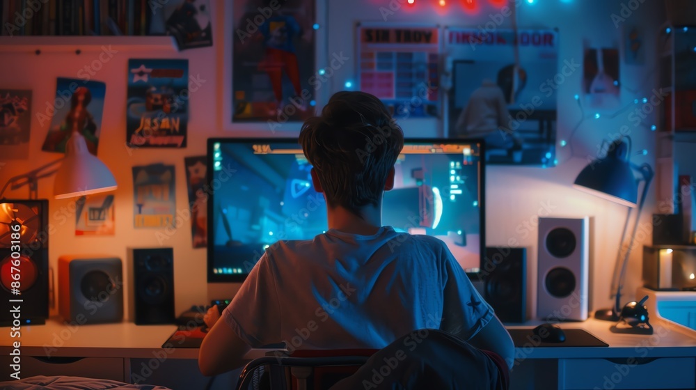 A young man sits at his computer, playing a video game. His room is decorated with posters and lights. A young man sits at his computer, playing a video game. His room is decorated with posters and lights.