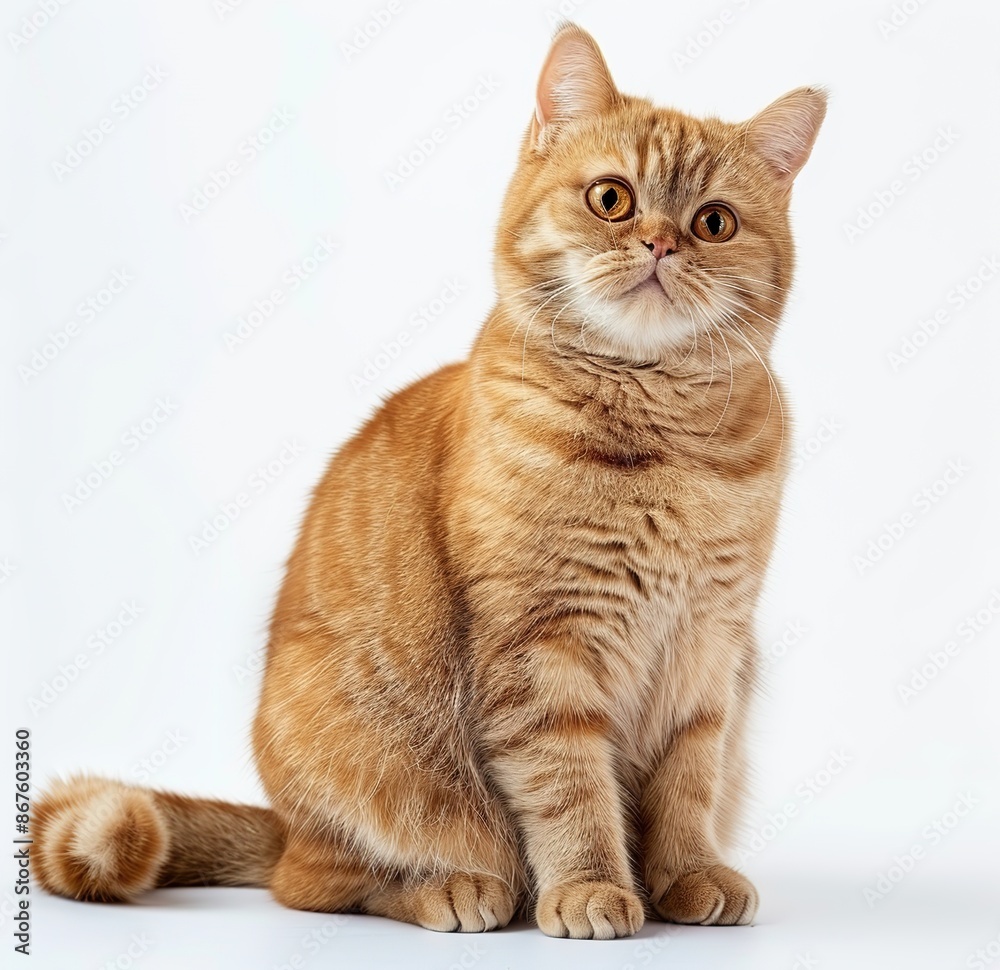 Fototapeta premium photo of ginger British shorthair cat sitting on white background, looking to camera and tail up, full body shot, isolated