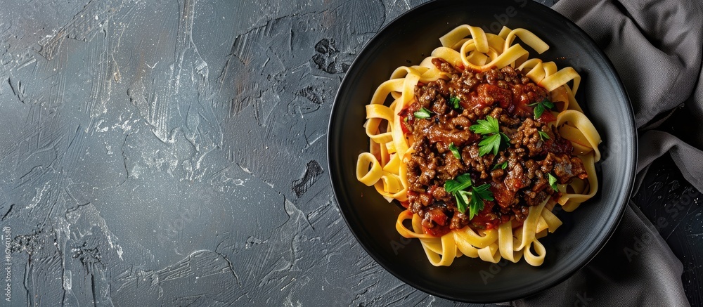 Top view of a black bowl containing fettuccine pasta topped with beef ragout sauce, against a grey background with space for text.