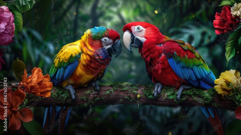 Fototapeta premium Vivid tropical parrots perched on a branch in a lush jungle, displaying bright and colorful feathers amidst vibrant flowers.
