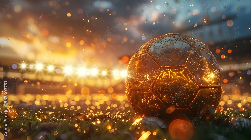Fototapeta premium Golden Soccer Ball on Grass with Confetti and Stadium Lights.