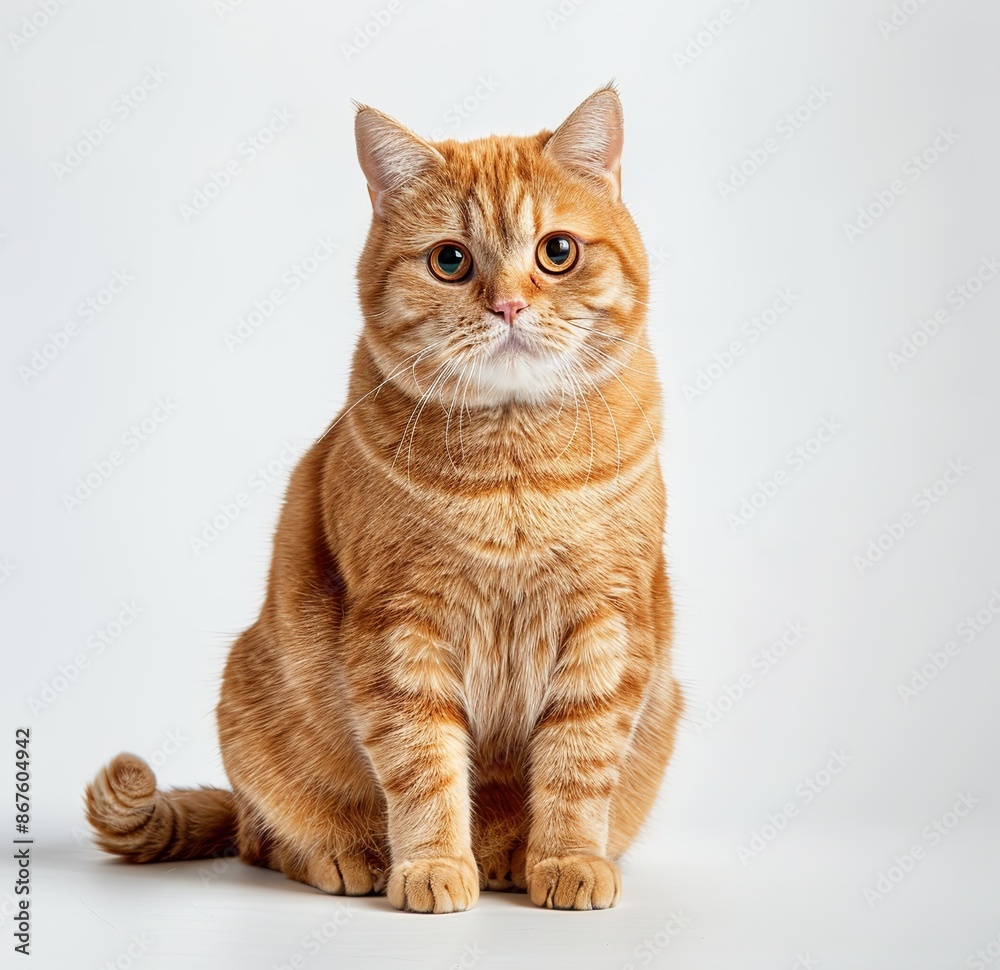 Obraz premium photo of ginger British shorthair cat sitting on white background, looking to camera and tail up, full body shot, isolated