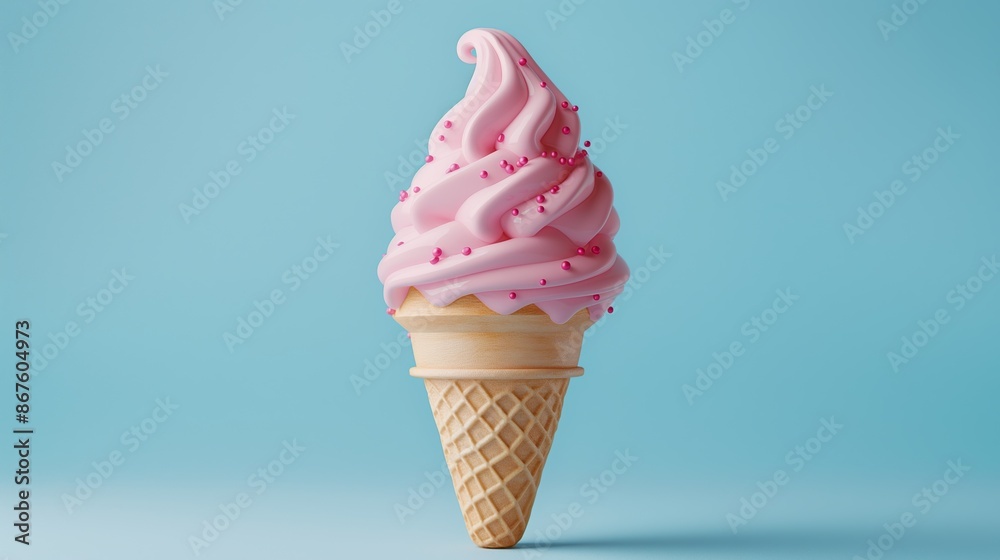 Close-Up of Pink Ice Cream Cone with Sprinkles on Blue Background Close-Up of Pink Ice Cream Cone with Sprinkles on Blue Background