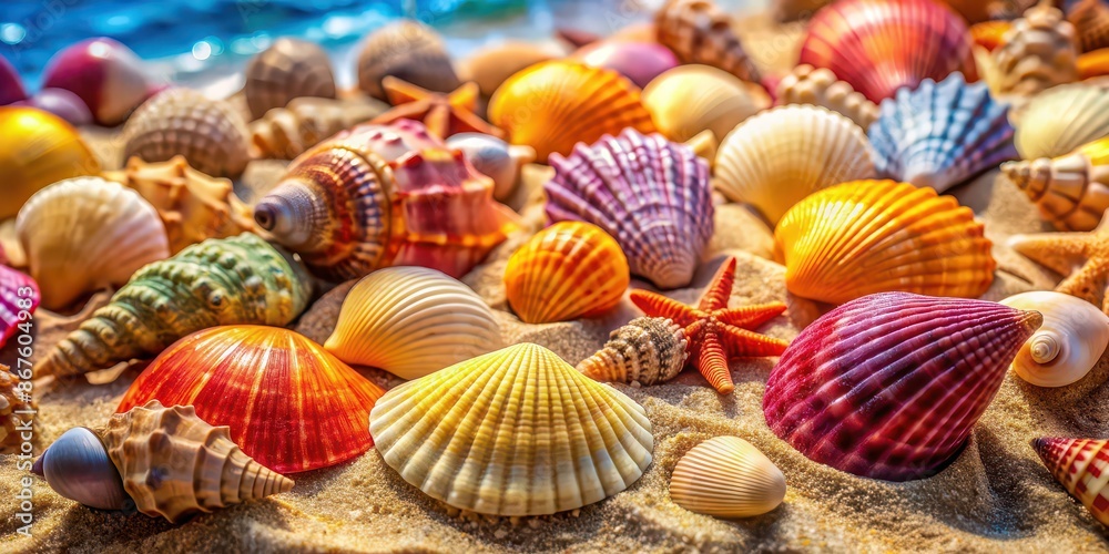 Close-up photo of colorful seashells on sand, beach, marine, ocean, texture, natural, collection, tropical, shiny, underwater Close-up photo of colorful seashells on sand, beach, marine, ocean, texture, natural, collection, tropical, shiny, underwater