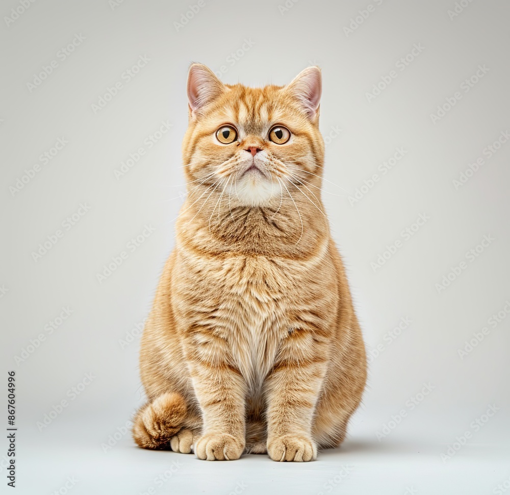 photo of ginger British shorthair cat sitting on white background, looking to camera and tail up, full body shot, isolated photo of ginger British shorthair cat sitting on white background, looking to camera and tail up, full body shot, isolated