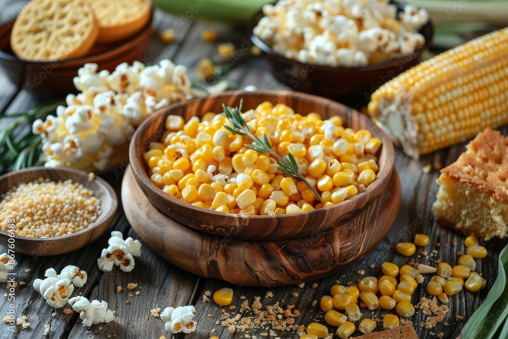 Corn Kernels with a Side of Popcorn, Rosemary and Crackers Corn Kernels with a Side of Popcorn, Rosemary and Crackers