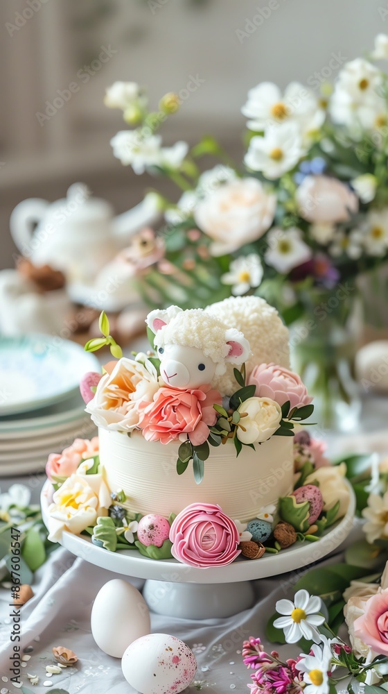 A charming Easter cake decorated with a fondant lamb and spring flowers. A charming Easter cake decorated with a fondant lamb and spring flowers.