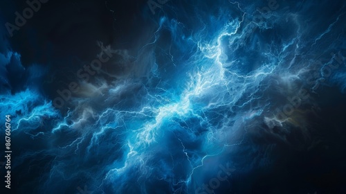 A vivid abstract visualization of a thunderstorm with electric blue currents crisscrossing a dark background, creating a powerful and dynamic light display.
