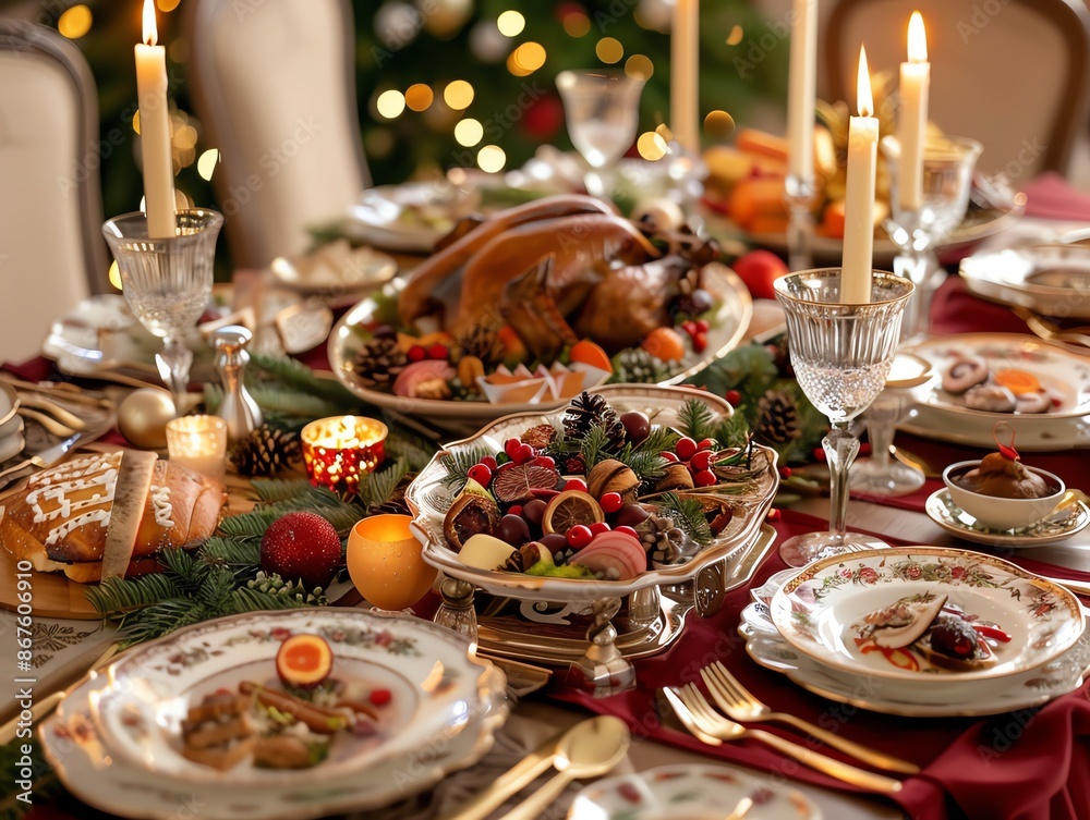 Naklejka premium A festive Christmas table setting with roasted turkey, fruit, and candles.