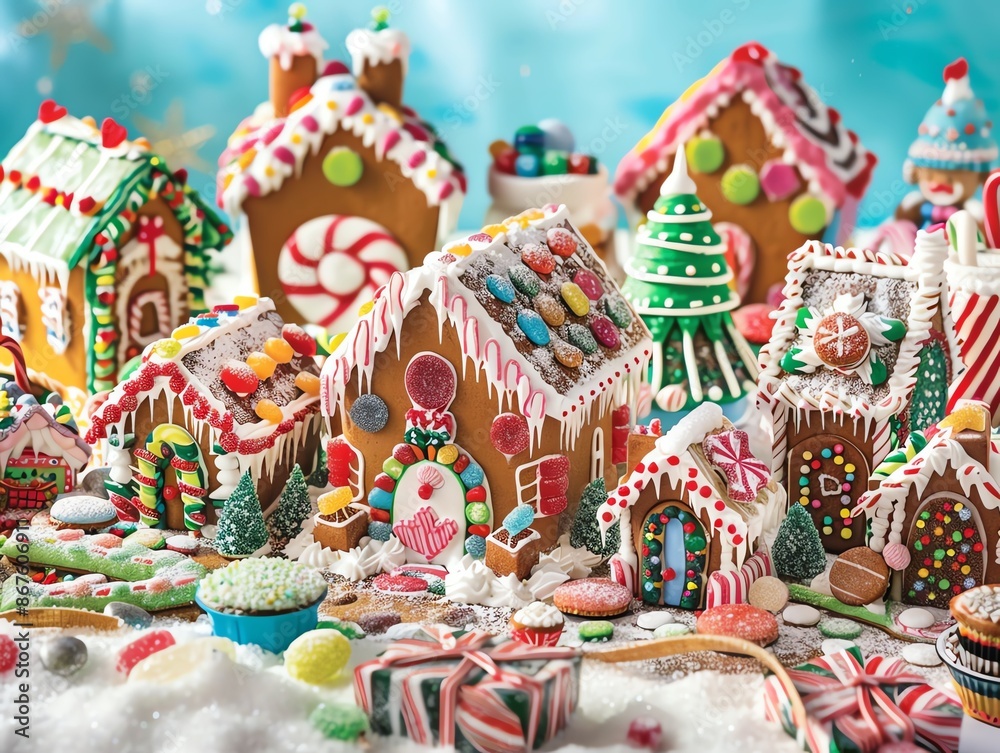 Naklejka premium A festive collection of gingerbread houses decorated with colorful candies and frosting.