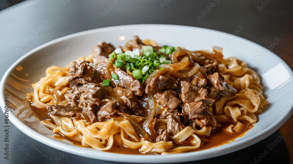 Beef stew with onions and green onions served over noodles in a white dish Beef stew with onions and green onions served over noodles in a white dish