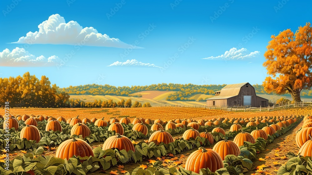 A picturesque autumn scene with a field of ripe pumpkins, a red barn, and a fall foliage tree under a clear blue sky. A picturesque autumn scene with a field of ripe pumpkins, a red barn, and a fall foliage tree under a clear blue sky.