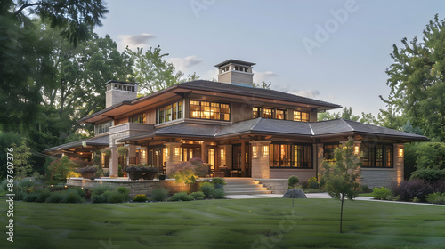 An elegant Prairie style house with natural materials, a central hearth, and expansive porches, positioned in a serene suburban setting