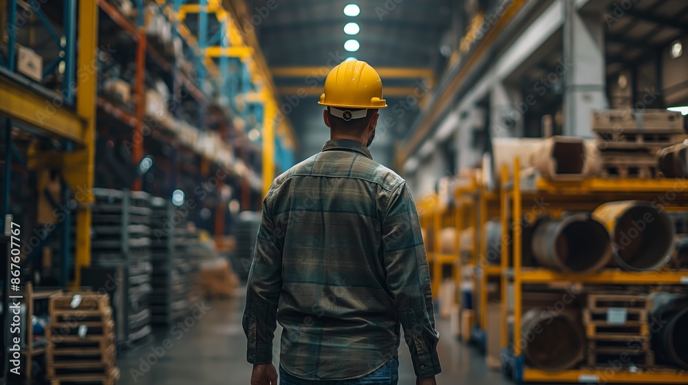 Worker with Hard Hat in Warehouse Aisle Industrial Environment Worker with Hard Hat in Warehouse Aisle Industrial Environment