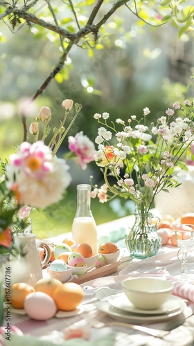 A spring-themed table setting with colorful eggs, flowers, and a pitcher of lemonade. Perfect for an Easter brunch or garden party.