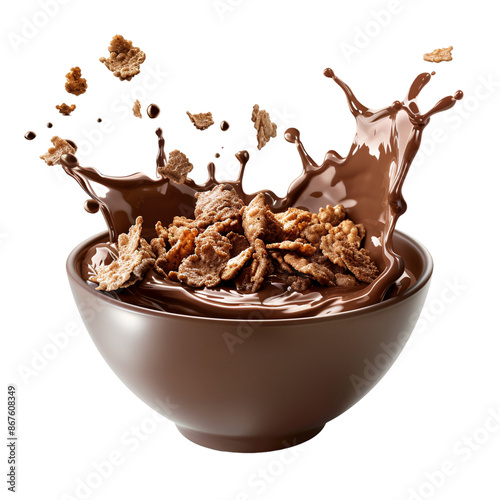 A brown chocolate cereal bowl with liquid chocolate splash on an isolated background
