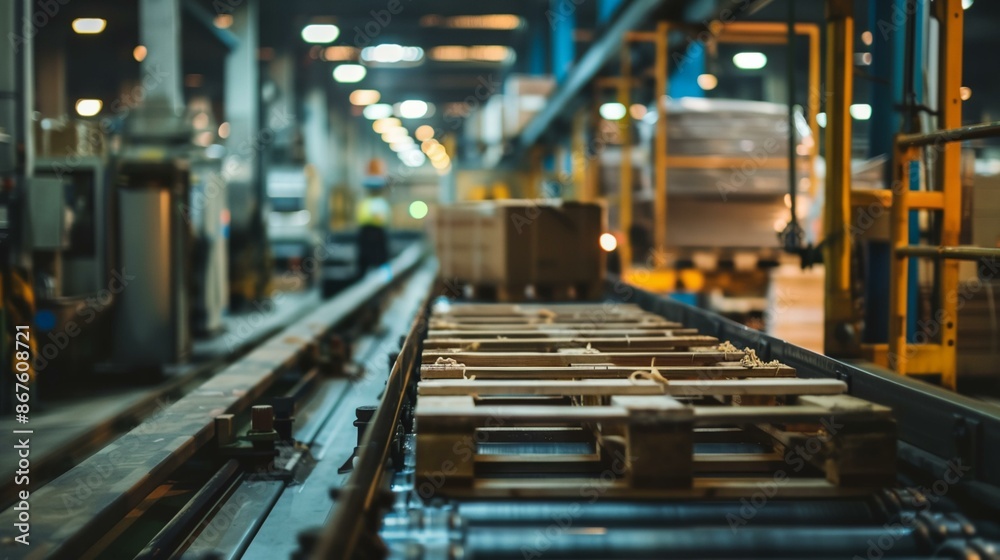 a factory with a conveyor belt and a lot of boxes on it's side and lights on a factory with a conveyor belt and a lot of boxes on it's side and lights on