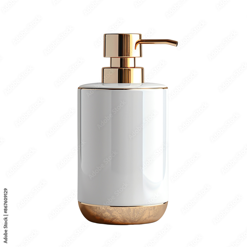 Obraz premium The image shows a white and gold soap dispenser, isolate on white background