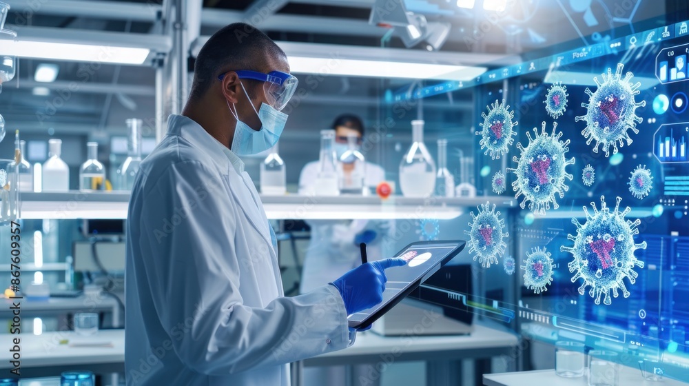 Scientists use digital tablets to analyze virus evolution, develop treatments in medical laboratories. Scientists use digital tablets to analyze virus evolution, develop treatments in medical laboratories.