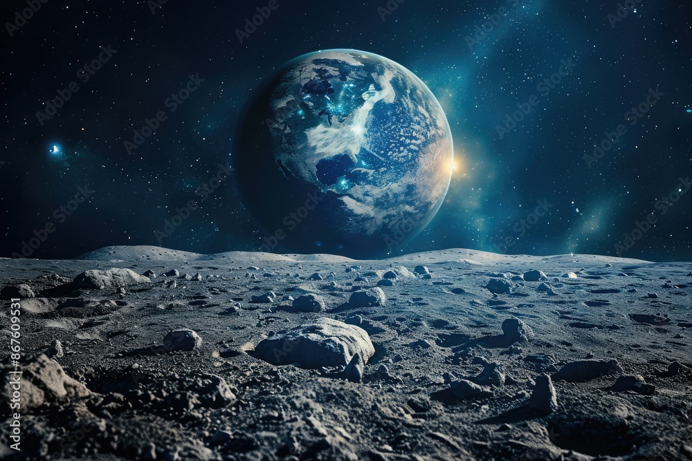 Empty Earth. Moon Surface with Earth in Background, Copy Space for Fantasy Exploration Empty Earth. Moon Surface with Earth in Background, Copy Space for Fantasy Exploration