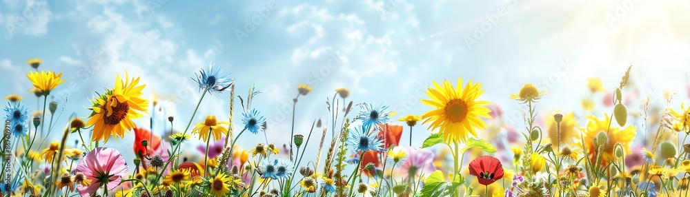 Vibrant wildflowers bloom under a sunny blue sky. Vibrant wildflowers bloom under a sunny blue sky.