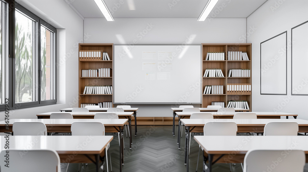 Empty Classroom interior with clean whiteboards