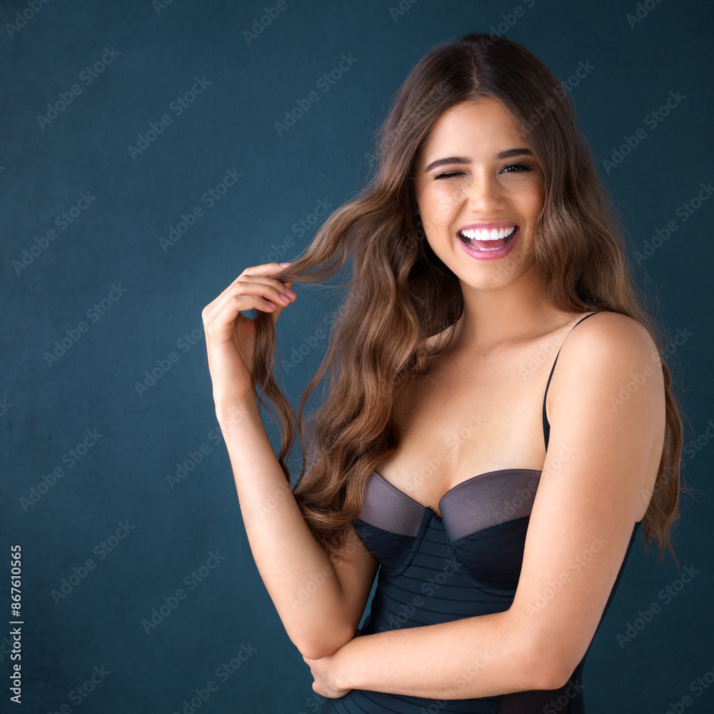 Fototapeta premium Portrait, hair care and happy woman wink for beauty, skincare and glow on studio background. Face, hairstyle and model in underwear to flirt at hairdresser salon for cosmetics, makeup and laughing