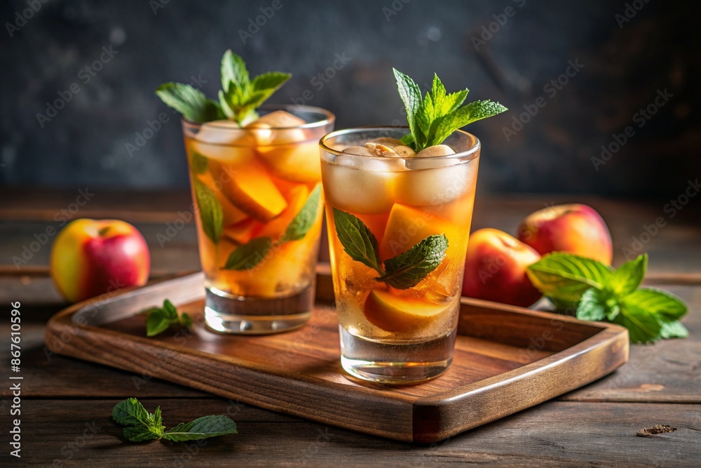 Summer cold peach fizz cocktail with mint. Summer cold peach fizz cocktail with mint.